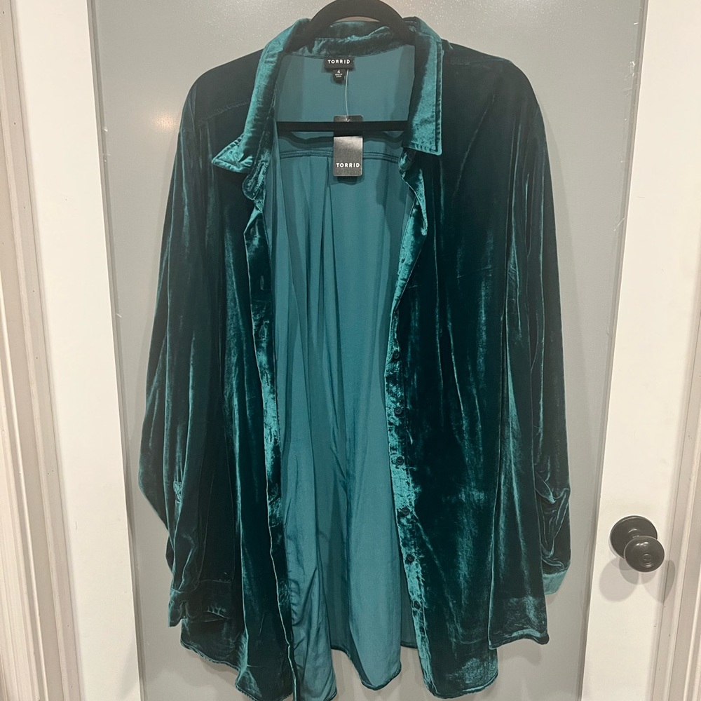 Torrid Lizzie Velvet Button Up Tunic Deep Teal
